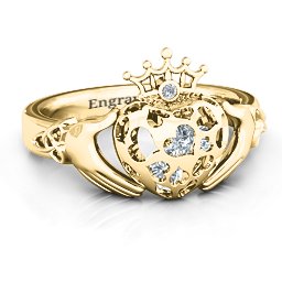 Caged Hearts Claddagh Ring in 10K Solid Yellow Gold with Cubic Zirconia and Ruby