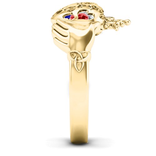 Caged Hearts Claddagh Ring – 10K Yellow Gold with Blue Sapphire, Garnet, and Cubic Zirconia
