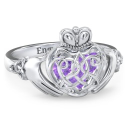 Caged Hearts Celtic Claddagh Ring in 925 Sterling Silver with Amethyst