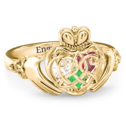 Caged Hearts Celtic Claddagh Ring in 10K Solid Yellow Gold with Emerald, Ruby, and Cubic Zirconia