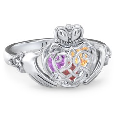 Caged Hearts Celtic Claddagh Ring – Sterling Silver with Garnet, Citrine, and Amethyst