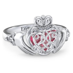 Caged Hearts Celtic Claddagh Ring in 925 Sterling Silver with Ruby