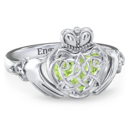 Caged Hearts Celtic Claddagh Ring in 925 Sterling Silver with Peridot