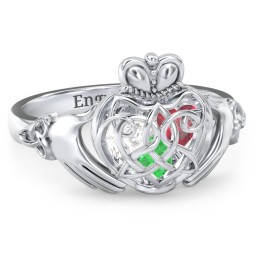 Caged Hearts Celtic Claddagh Ring in 925 Sterling Silver with Emerald, Ruby, and Cubic Zirconia