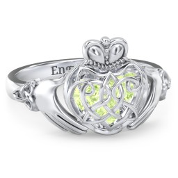 Caged Hearts Celtic Claddagh Ring in 925 Sterling Silver with Peridot