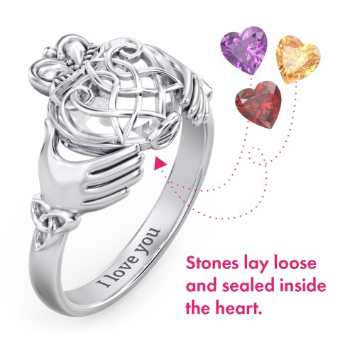 Caged Hearts Celtic Claddagh Ring – Sterling Silver with Garnet, Citrine, and Amethyst
