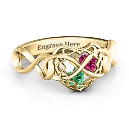 My Infinite Love Caged Hearts Ring in 10K Solid Yellow Gold with Emerald, Ruby, and Cubic Zirconia