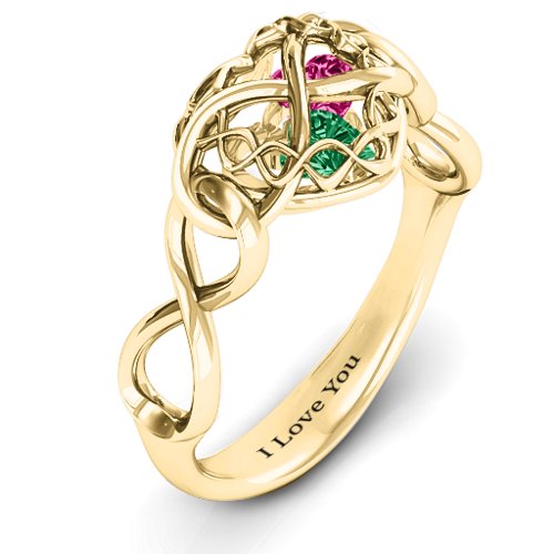 My Infinite Love Caged Hearts Ring – 10K Yellow Gold with Emerald and Ruby
