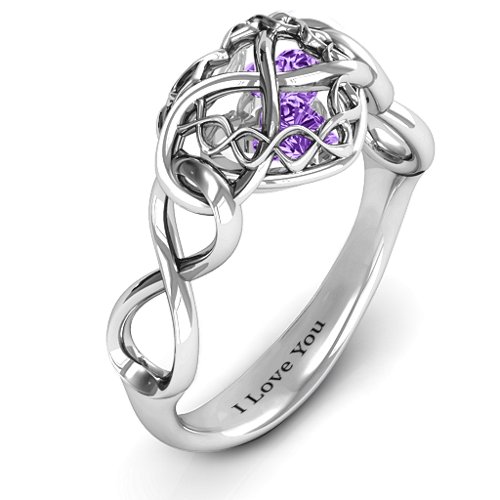 My Infinite Love Caged Hearts Ring – Sterling Silver with Amethyst