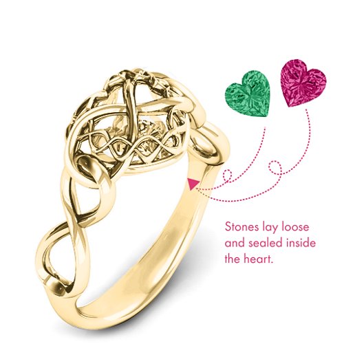 My Infinite Love Caged Hearts Ring – 10K Yellow Gold with Emerald and Ruby