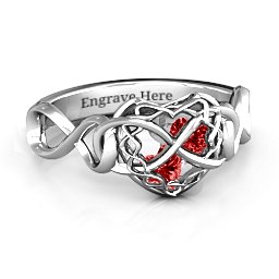 My Infinite Love Caged Hearts Ring in 925 Sterling Silver with Garnet and Cubic Zirconia
