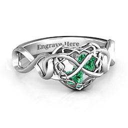 My Infinite Love Caged Hearts Ring in 925 Sterling Silver with Emerald and Cubic Zirconia