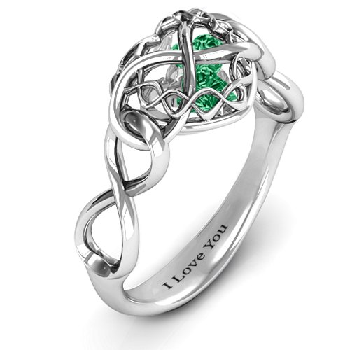 My Infinite Love Caged Hearts Ring – Sterling Silver with Emerald