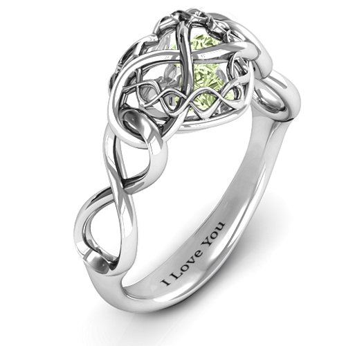 My Infinite Love Caged Hearts Ring – Sterling Silver with Peridot