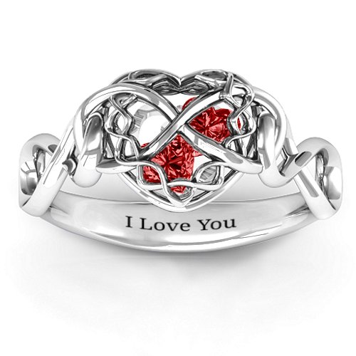 My Infinite Love Caged Hearts Ring – Sterling Silver with Garnet
