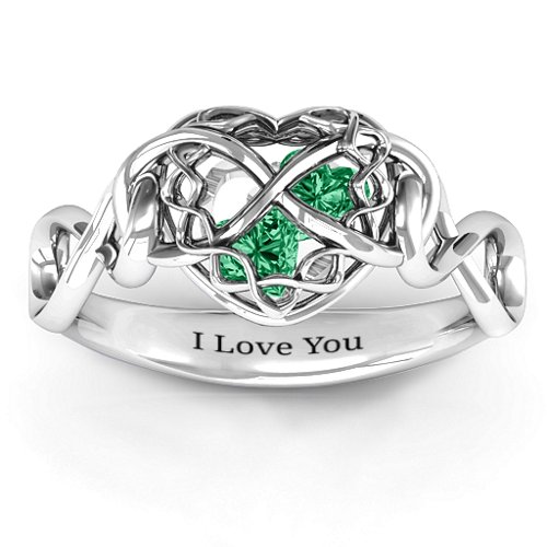 My Infinite Love Caged Hearts Ring – Sterling Silver with Emerald