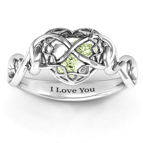 My Infinite Love Caged Hearts Ring – Sterling Silver with Peridot