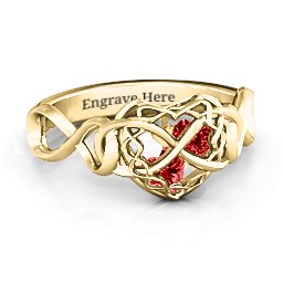 My Infinite Love Caged Hearts Ring in 10K Solid Yellow Gold with Garnet
