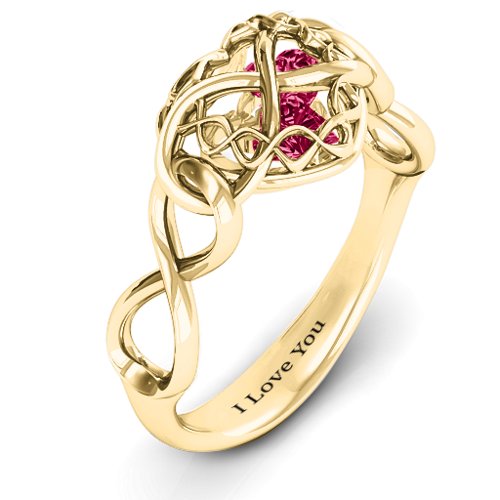 My Infinite Love Caged Hearts Ring – 10K Yellow Gold with Ruby