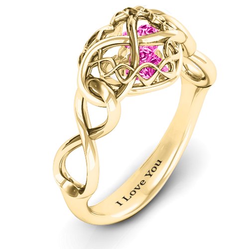 My Infinite Love Caged Hearts Ring – 10K Yellow Gold with Pink Tourmaline