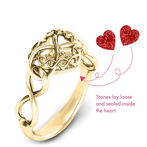 My Infinite Love Caged Hearts Ring – 10K Yellow Gold with Garnet