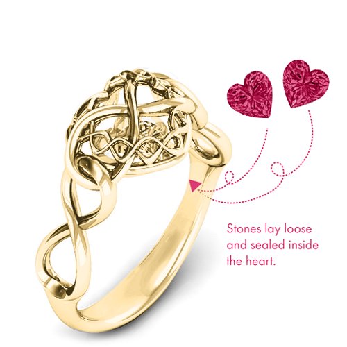 My Infinite Love Caged Hearts Ring – 10K Yellow Gold with Ruby