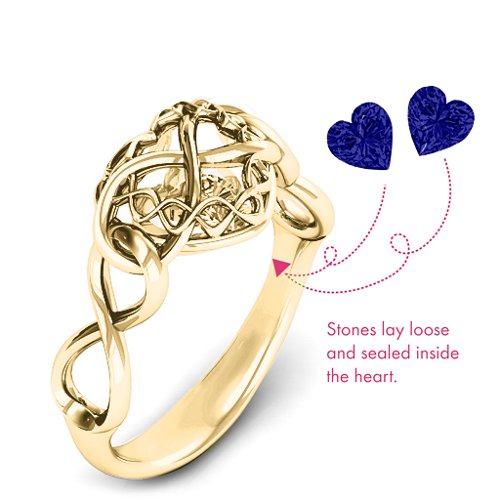 My Infinite Love Caged Hearts Ring – 10K Yellow Gold with Blue Sapphire