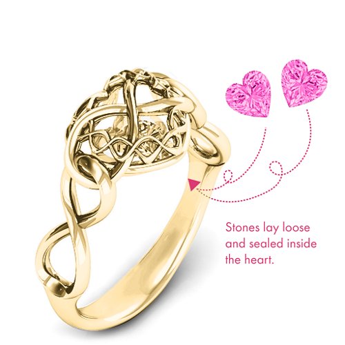 My Infinite Love Caged Hearts Ring – 10K Yellow Gold with Pink Tourmaline