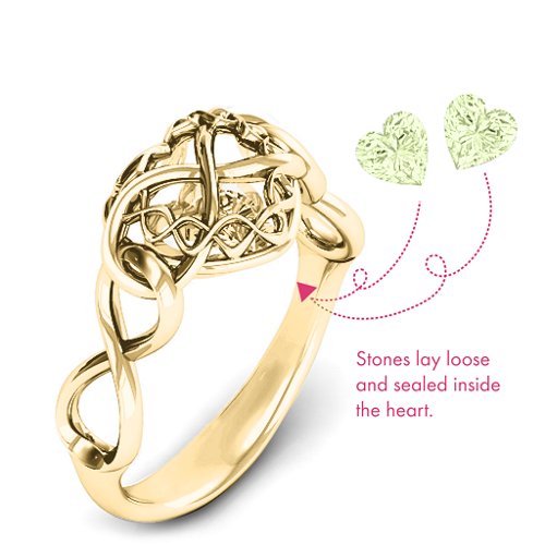 My Infinite Love Caged Hearts Ring – 10K Yellow Gold with Peridot