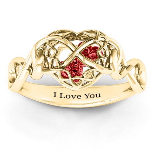 My Infinite Love Caged Hearts Ring – 10K Yellow Gold with Garnet