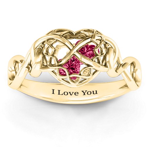 My Infinite Love Caged Hearts Ring – 10K Yellow Gold with Ruby