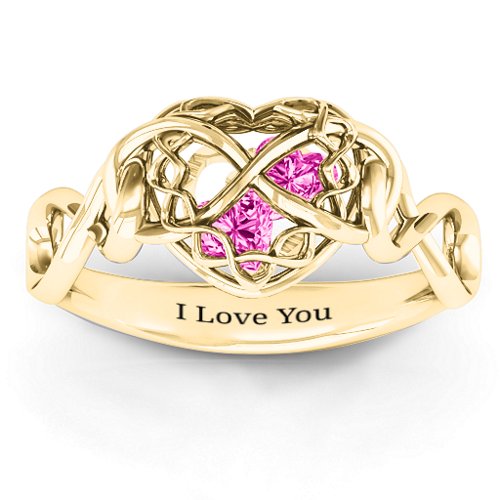 My Infinite Love Caged Hearts Ring – 10K Yellow Gold with Pink Tourmaline