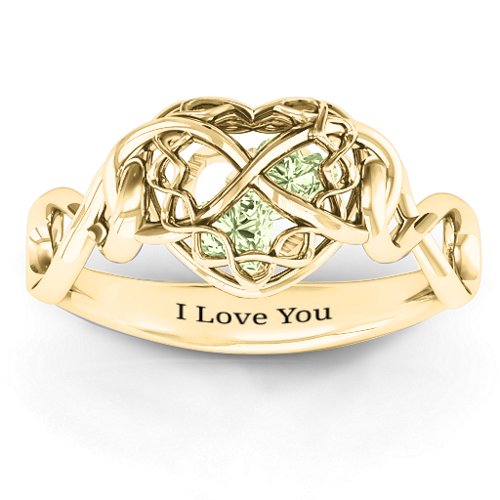 My Infinite Love Caged Hearts Ring – 10K Yellow Gold with Peridot