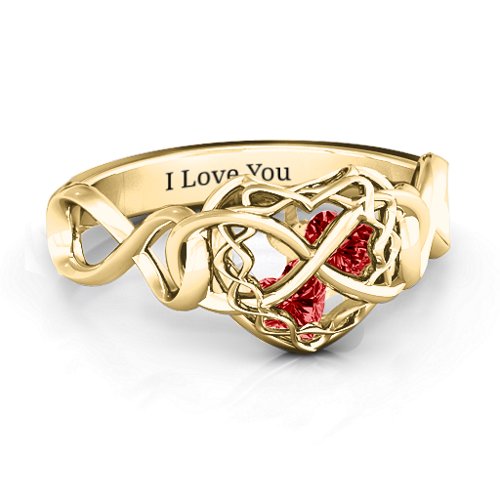 My Infinite Love Caged Hearts Ring – 10K Yellow Gold with Garnet