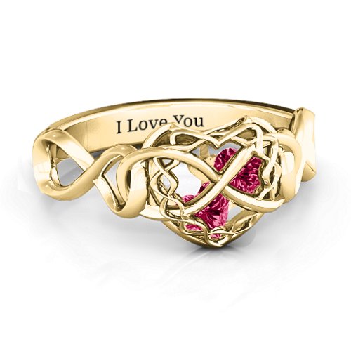 My Infinite Love Caged Hearts Ring – 10K Yellow Gold with Ruby