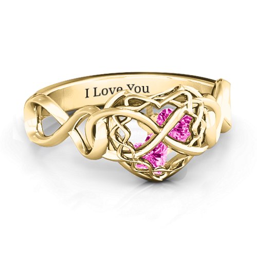My Infinite Love Caged Hearts Ring – 10K Yellow Gold with Pink Tourmaline