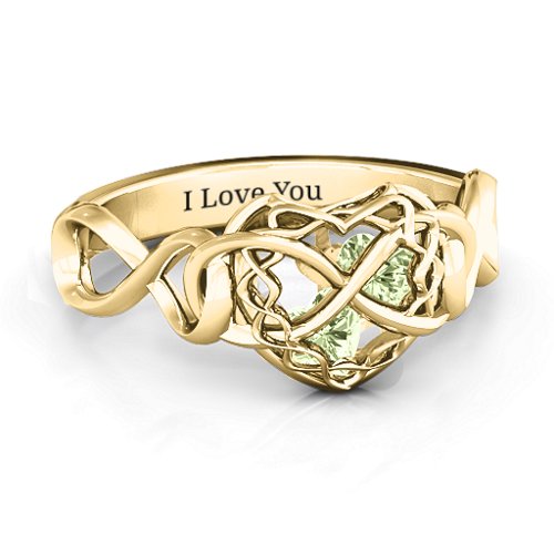My Infinite Love Caged Hearts Ring – 10K Yellow Gold with Peridot