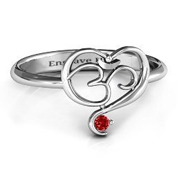 Spiritual Heart Om Ring in 925 Sterling Silver with Garnet