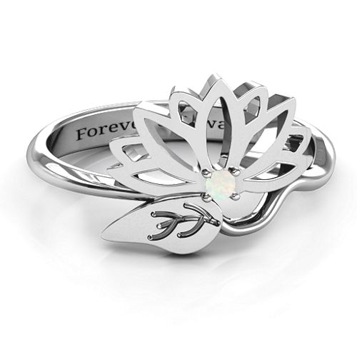 Leaves and Lotus Wrap Ring – Sterling Silver with Opal