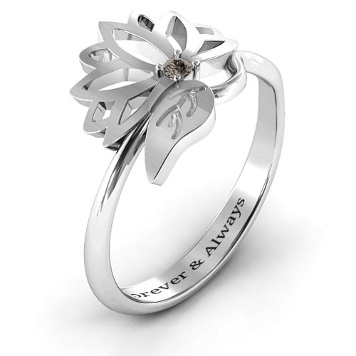 Leaves and Lotus Wrap Ring – Sterling Silver with Smokey Quartz