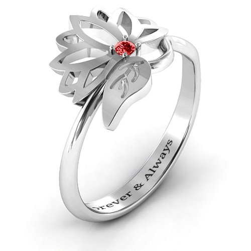 Leaves and Lotus Wrap Ring – 10K White Gold with Garnet