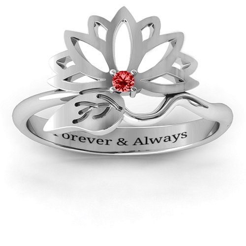 Leaves and Lotus Wrap Ring – 10K White Gold with Garnet