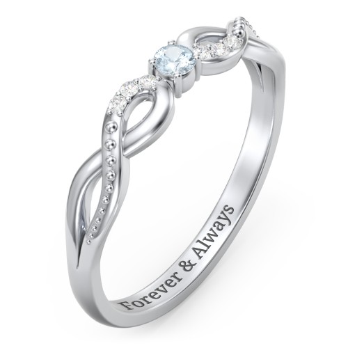 Double Infinity Gemstone Ring with Accents – Sterling Silver with Aquamarine and Lab Diamond