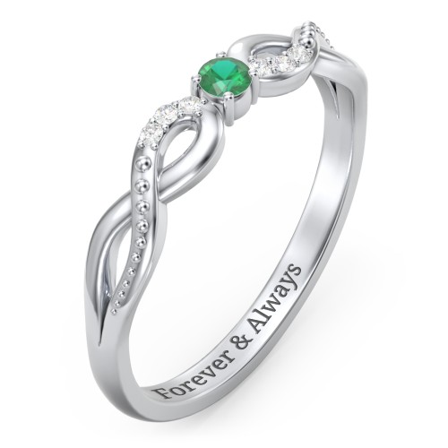 Double Infinity Gemstone Ring with Accents – Sterling Silver with Emerald and Lab Diamond