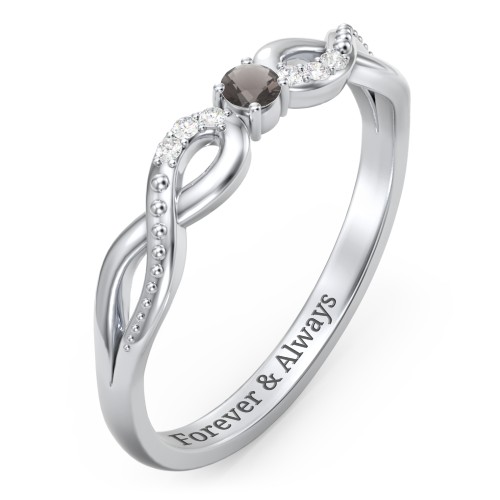 Double Infinity Gemstone Ring with Accents – Sterling Silver with Smokey Quartz and Lab Diamond