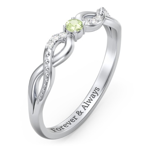Double Infinity Gemstone Ring with Accents – Sterling Silver with Peridot and Diamond