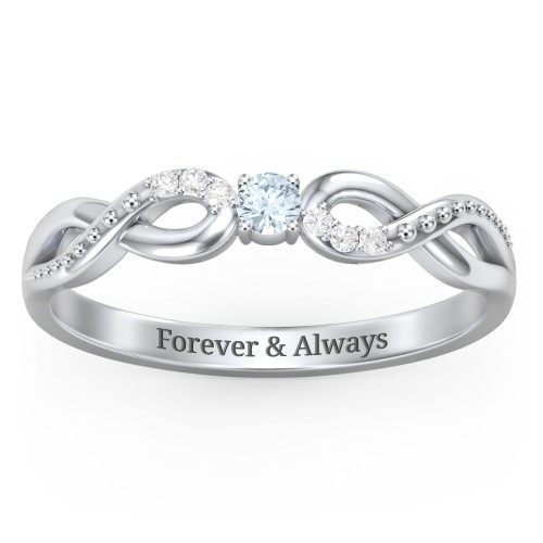 Double Infinity Gemstone Ring with Accents – Sterling Silver with Aquamarine and Lab Diamond