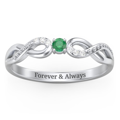 Double Infinity Gemstone Ring with Accents – Sterling Silver with Emerald and Lab Diamond