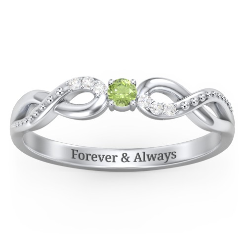 Double Infinity Gemstone Ring with Accents – Sterling Silver with Peridot and Lab Diamond