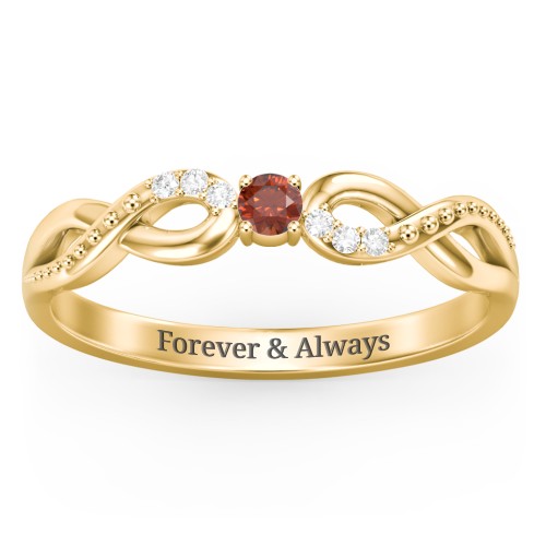 Double Infinity Gemstone Ring with Accents – 10K Yellow Gold with Garnet and White Premium Zirconia